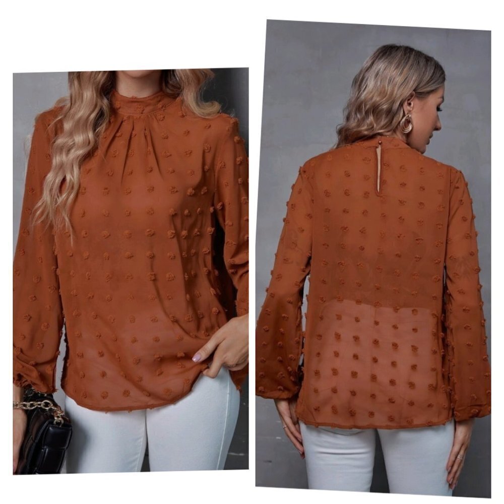 (718) Shein Orange Mock Neck See Through Blouse Size L (8/10)